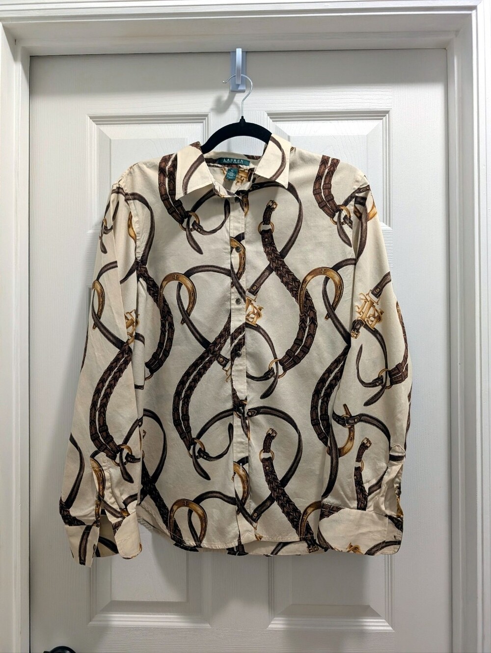 Ralph Lauren Cream Button-Down Shirt with Brown & Gold Belt Print